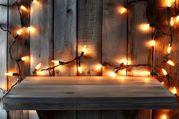 Wall Mural - wooden shelf with warm string lights on rustic background
