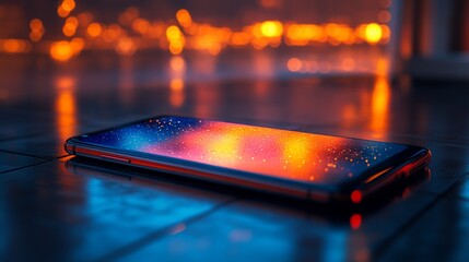 Poster - Smartphone reflecting city lights at night.