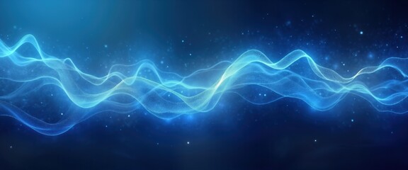 Poster - Abstract blue energy wave flows on dark backdrop. Digital lightwave design. Tech concept. Modern vibrant plasma. Fluid motion. Suitable for science fantasy themes. Aetherial virtual effect. Gradient