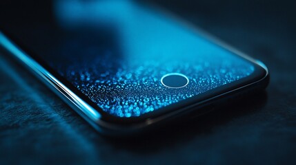 Poster - Close-up of a smartphone screen with blue light reflecting.