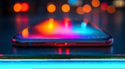 Poster - Smartphone screen reflecting colorful city lights at night.
