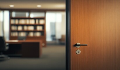 Poster - A wooden door opens to an office space with a bookshelf in the background.