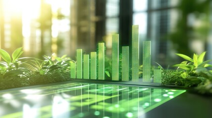 Aufkleber - A digital bar graph surrounded by greenery, symbolizing growth and sustainability.