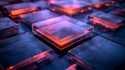 Poster - A vibrant close-up of illuminated glass panels, showcasing intricate reflections and modern design, creating an abstract yet captivating visual experience.