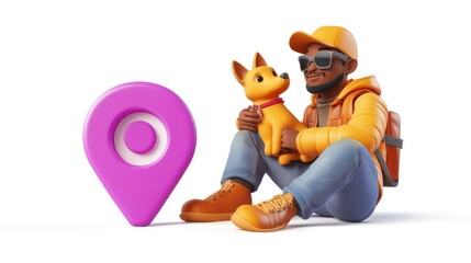 Poster - A person with sunglasses holds a small dog beside a large location pin icon.