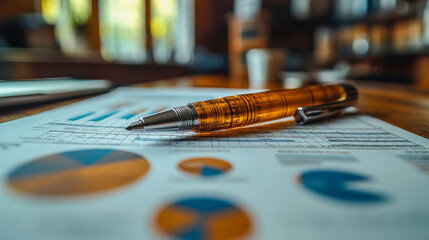 Poster - Close-up of a luxury pen on financial charts, highlighting data graphs, numbers, and professional tools