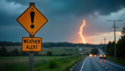 yellow weather alert road sign. lightning storm. cars drive on road. severe weather warning. urgent 