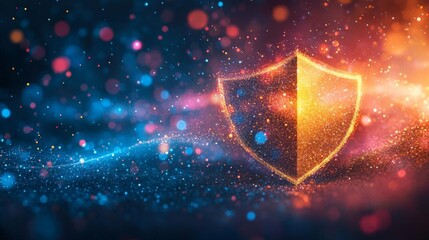Poster - A vibrant digital background featuring a glowing shield symbolizing protection and security amidst colorful particles and light, perfect for tech themes.