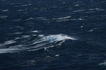 Wall Mural - turbulent ocean wave crashing in deep blue waters, showcasing power of nature. scene evokes sense of