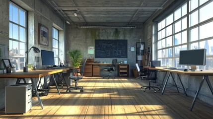 Poster - Modern office space with desks, computers, and a chalkboard in a bright industrial setting.