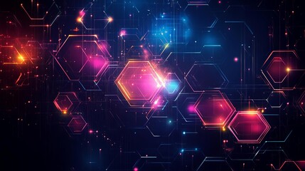 Poster - A vibrant digital background featuring hexagonal shapes filled with bright colors and glowing effects, perfect for modern tech designs and presentations.