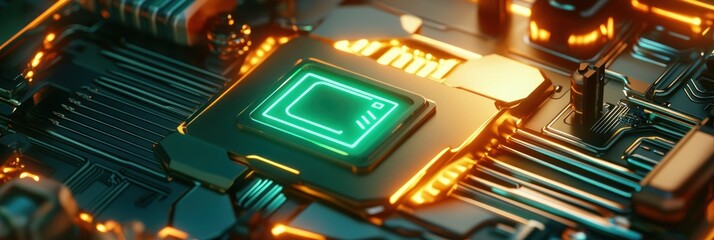 Aufkleber - A close-up of a futuristic microchip on a circuit board with glowing elements.