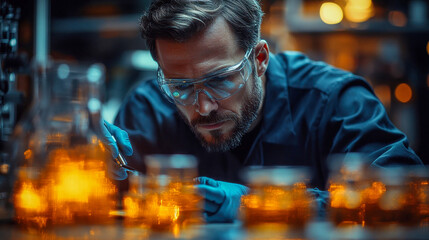 Poster - Scientist working in a lab, meticulously handling glassware amidst glowing laboratory lights