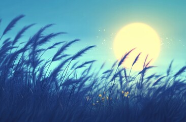 Poster - A serene landscape featuring tall grass swaying under a glowing sun.