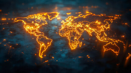 Poster - A glowing digital world map with vibrant orange outlines highlighting continents, symbolizing global connectivity and technology