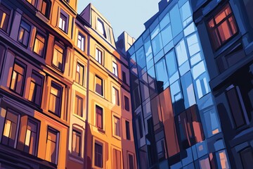 Leinwandbilder - A vibrant depiction of contrasting architectural styles and reflections in urban settings.