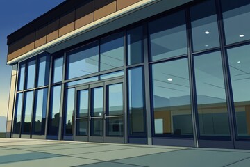 Poster - Modern glass-front building with a sleek design and evening lighting.