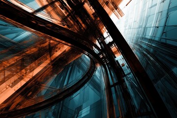 Poster - Abstract composition featuring intertwining structures in blue and orange hues.