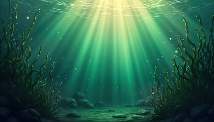 Poster - Sunbeams illuminate underwater seaweed. Green algae plants grow on ocean floor. Rocks form seabed. Aquatic life scene. Nature background. Marine ecosystem.