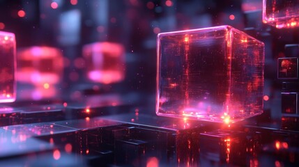 Poster - A vibrant digital landscape showcasing translucent cubes illuminated by neon lights, creating an immersive and futuristic ambiance.