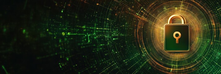 Poster - A digital lock symbolizing cybersecurity and data protection in a futuristic design.