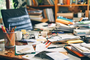 Poster - a close-up shot of a desk covered in papers, pens, and other office supplies a cluttered desk with s