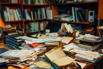 Poster - A cluttered desk with stacks of papers and various office supplies A cluttered desk with scattered papers and office supplies