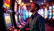 © Pete - Man plays slot machine game in casino. Happy guy wins at gambling. Male person enjoys nightlife entertainment. Adult gambler smiles. He uses digital buttons. Bright lights illuminate casino floor.