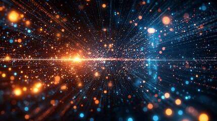 Poster - A vibrant display of glowing particles in a dynamic abstract design, representing the flow of information in a digital universe. Perfect for tech themes.