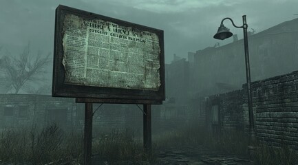 Poster - A foggy, abandoned area featuring a weathered billboard in a desolate urban setting.