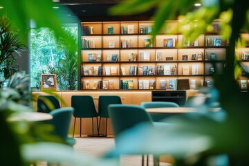 Aufkleber - A modern library space with bookshelves and seating surrounded by greenery.