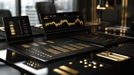 Poster - A sleek workspace featuring digital screens displaying financial data and charts.
