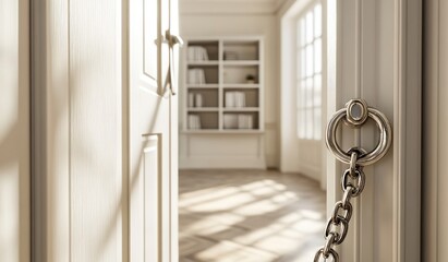 Poster - A door partially open, revealing a well-lit room with shelves and a chain securing it.
