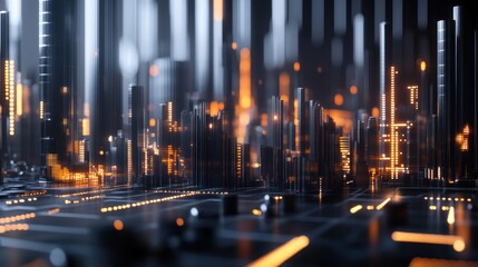 Aufkleber - Futuristic cityscape with glowing circuits and vertical structures.