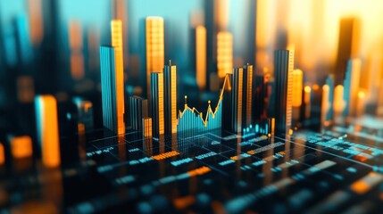 Poster - A digital cityscape with financial graphs and data overlays, representing business analytics.