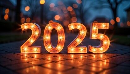 Aufkleber - Illuminated 2025 sign glows on pavement. Festive lights shine brightly. New year celebration event. Party decoration. Design element. Holiday concept. Bright colorful numbers. Anniversary graphic.