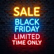 © BeeStock - Black Friday Sale Offer illustration with Neon Light Brick Wall background.
