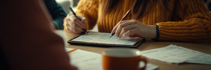 Poster - A person writing on a tablet with a cup nearby, engaged in a collaborative task.