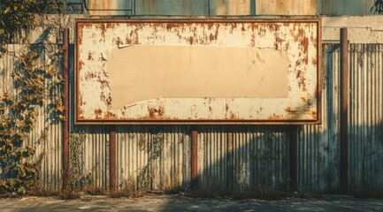 Poster - A weathered blank billboard surrounded by rust and vines, suggesting neglect or abandonment.