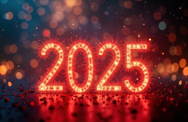 Poster - Glowing red 2025 New Year numbers. Fireworks explode. Festive holiday celebration. Christmas party. Happy New Year. Night time scene. Bright sparkles. Red light. Number 2025. Celebration event.