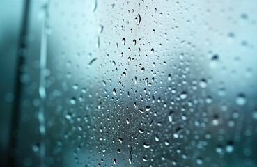 Poster - Water droplets on glass surface. Rain runs down window. Condensation texture. Closeup view of moisture. Abstract background image. Wet transparent surface. Dripping water pattern. Nature photography.