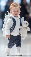 Aufkleber - A cheerful toddler walks with a backpack and a plush bunny toy in a busy environment.