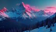 © miss irine - Magenta cyan illuminated snow peaks at night. Alpine wilderness glows. Tranquil serene majestic mountain range. Dark sky stars. Cold rugged landscape. Adventure fantasy art.
