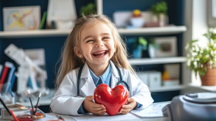Poster - A joyful child in a doctor's coat holding a heart-shaped object, symbolizing care and health.