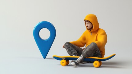 Poster - A 3D character in a hoodie sits on a skateboard next to a blue location pin.