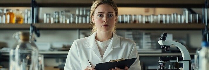 Poster - A scientist in a lab coat holds a clipboard, appearing focused in a laboratory setting.