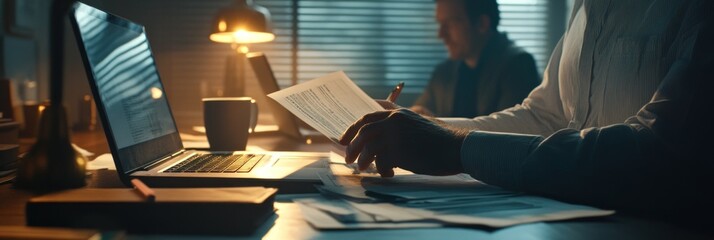 Poster - A person reviewing documents at a desk with a laptop and coffee, in a focused workspace.