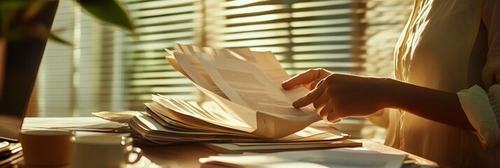 Aufkleber - A person reviewing documents in a sunlit workspace with a cup nearby.