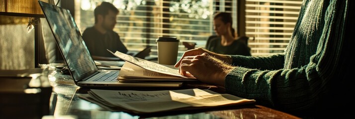 Poster - A cozy workspace with people engaged in conversation and work, surrounded by natural light.