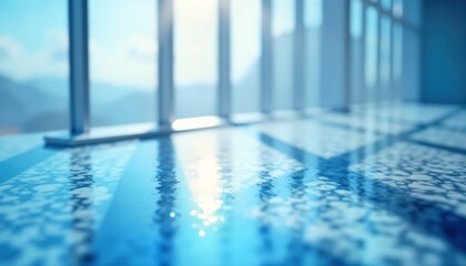 Poster - Blue glass surface reflects light shadow patterns. Abstract texture background. Modern interior design. Minimalist style. Fluid wave curve. Luxury wallpaper. Geometric shapes. Contemporary art.